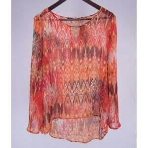 Zac & Rachel Women's L Orange Boho Sheer Blouse‎ Roll Tab Sleeve Geometric Tunic